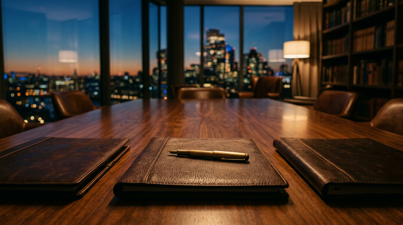 Stillwater Media cinematic image of three leather portfolios on a walnut table, representing a Relevance Media alternative for luxury advertising shortlist