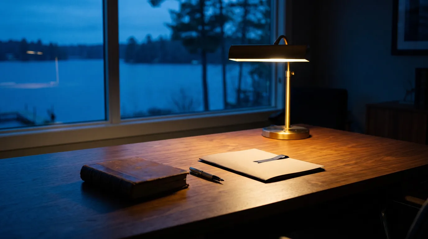 Stillwater Media cinematic image of a private advisory office at dusk, representing SEC Marketing Rule advertising for RIAs