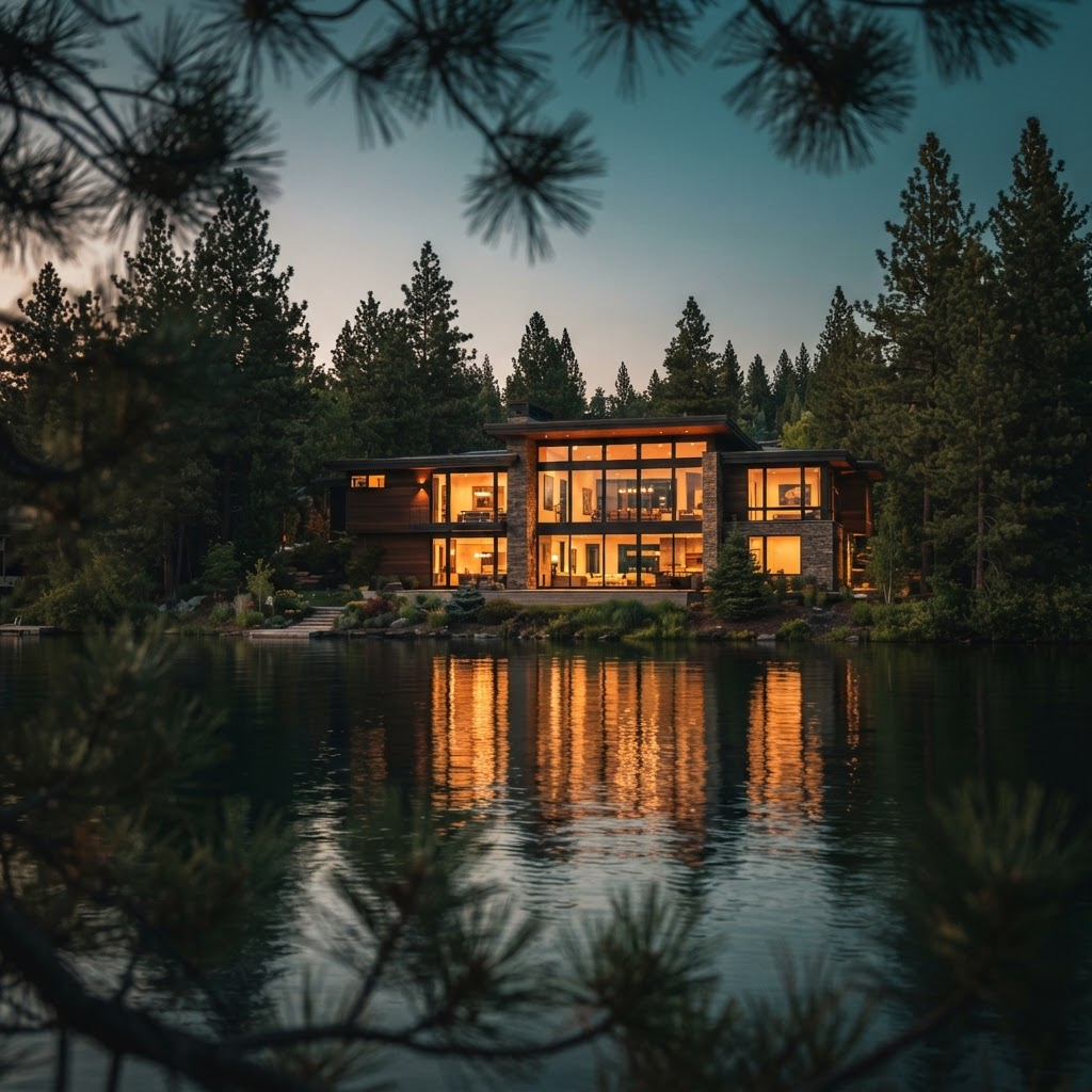 A modern luxury lakeside home glowing at golden hour, seen across still water through pine trees, illustrating second-home and vacation property advertising for affluent buyers.