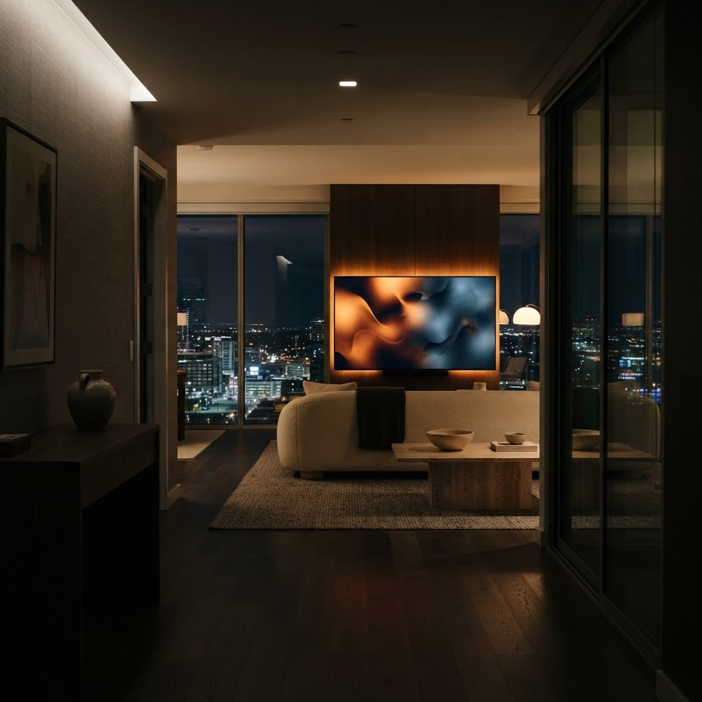 A television glowing in an elegant living room at night, illustrating Stillwater Media's guide to streaming ad-tier reach among affluent households.