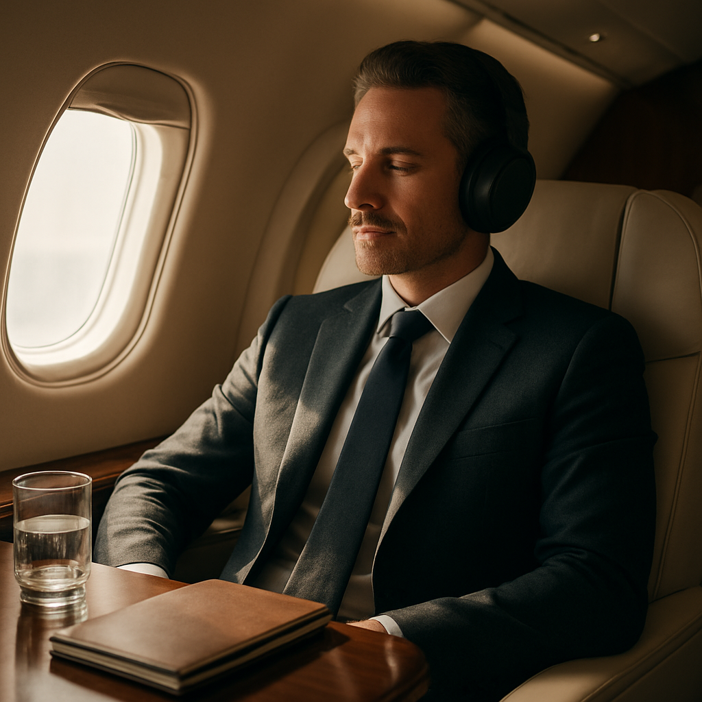 Stillwater Media streaming audio advertising luxury — affluent professional listening to premium streaming audio in private aircraft cabin