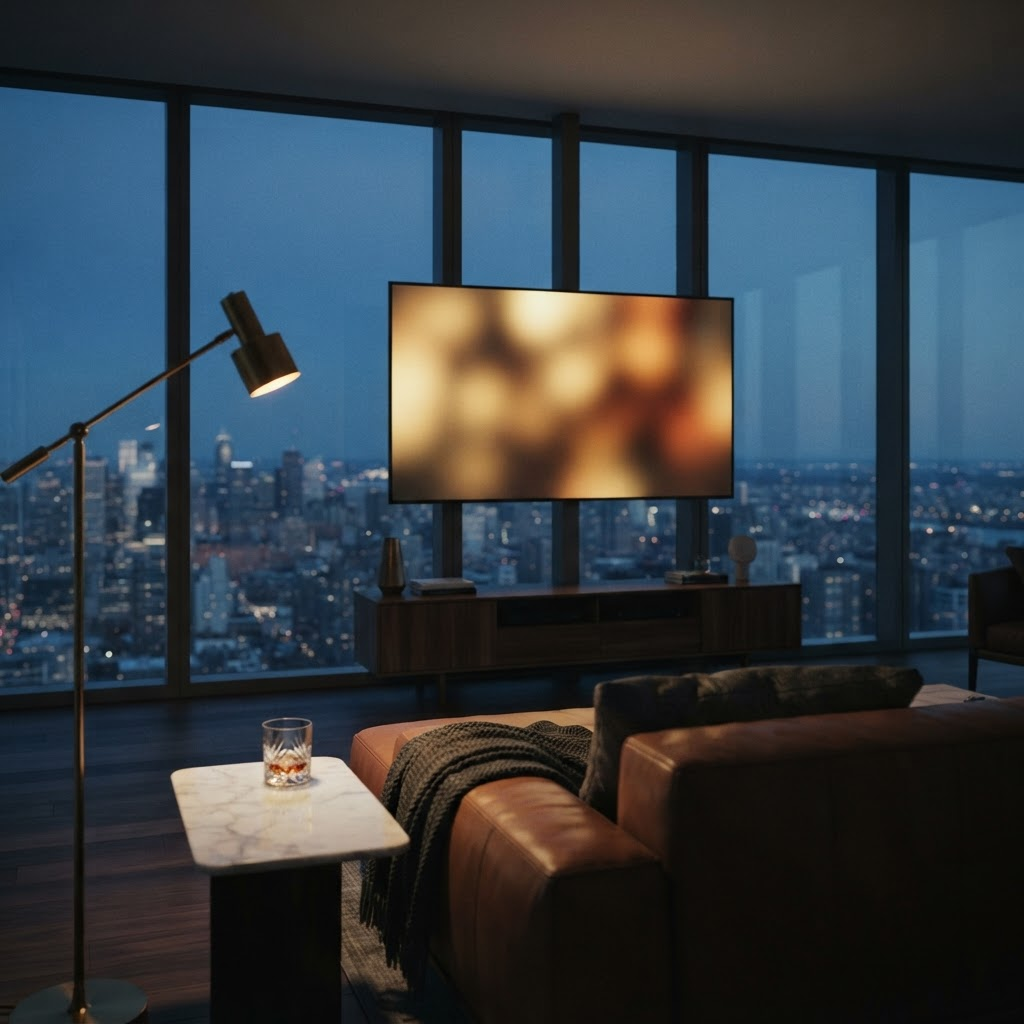 Stillwater Media guide illustration on choosing a streaming platform advertising agency for luxury brands showing a refined living room with a softly glowing large screen at blue hour framed by city-view windows