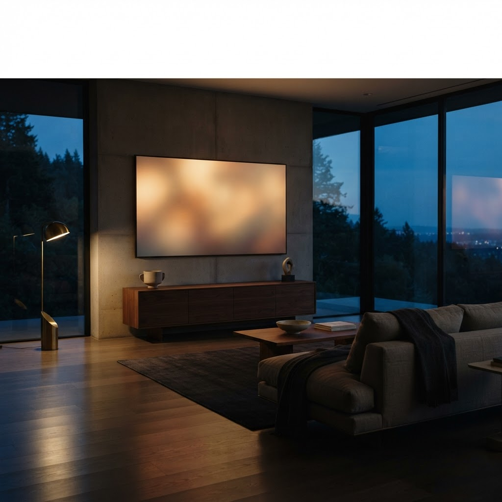 Stillwater Media guide illustration on streaming TV advertising for luxury brands showing an elegant, empty living room with a large glowing screen at blue hour, representing affluent viewers watching premium streaming services on the living-room screen