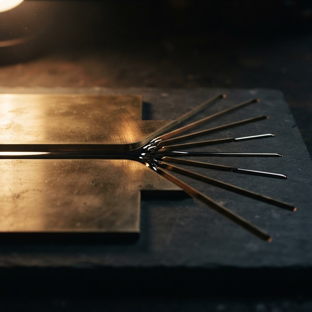 Stillwater Media guide illustration on supply path optimization showing one wide unmarked brass channel dividing into seven narrowing tributaries with liquid metal thinning as it splits