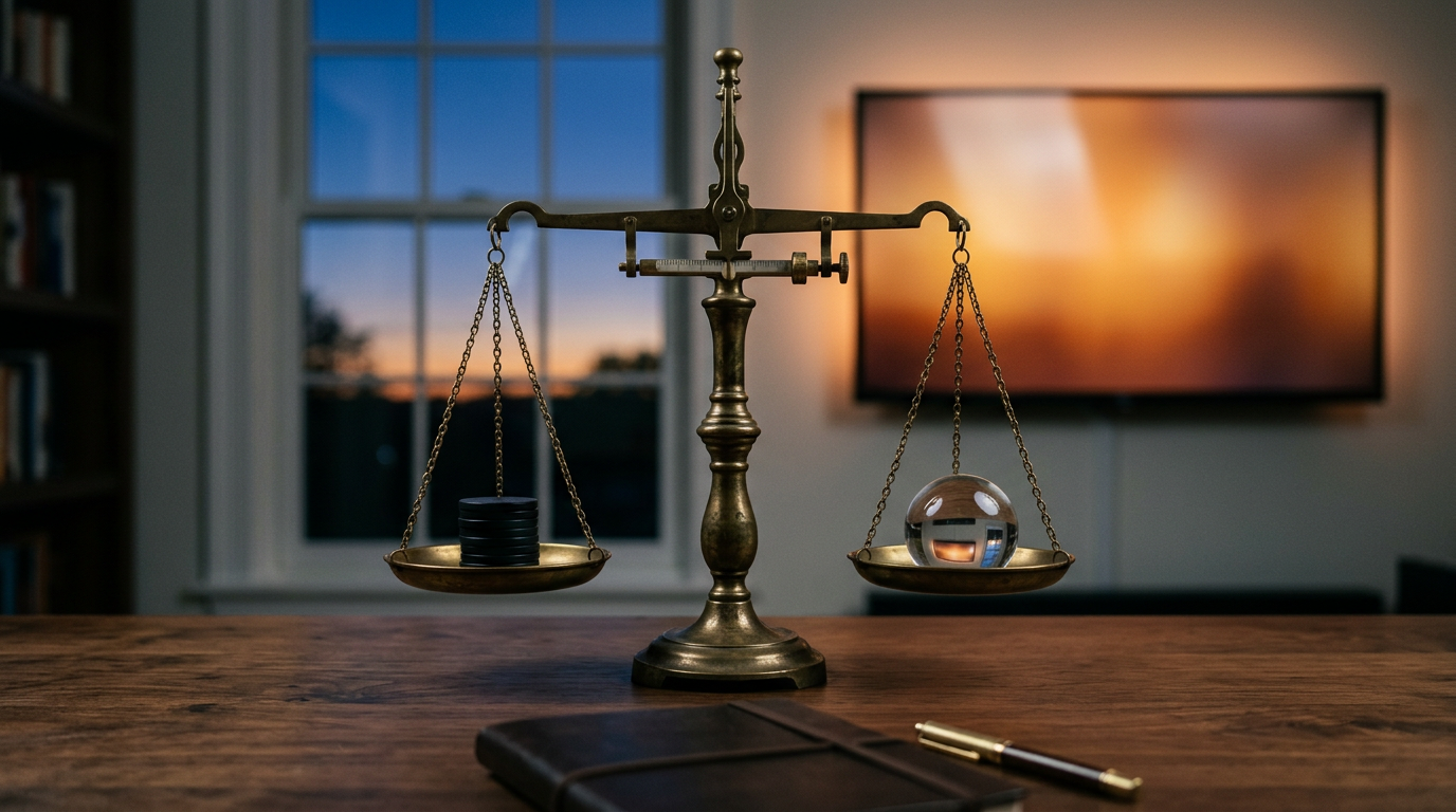 Stillwater Media cinematic image of a brass precision balance scale on a walnut desk at dusk, representing an independent third-party measurement partner for a CTV agency