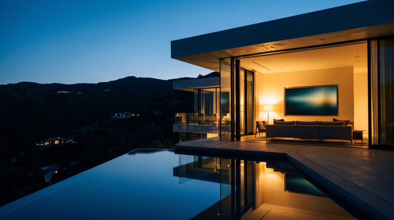 Stillwater Media cinematic image of a hillside estate at dusk with a softly glowing television in a glass-walled living room, illustrating UHNW households CTV reach
