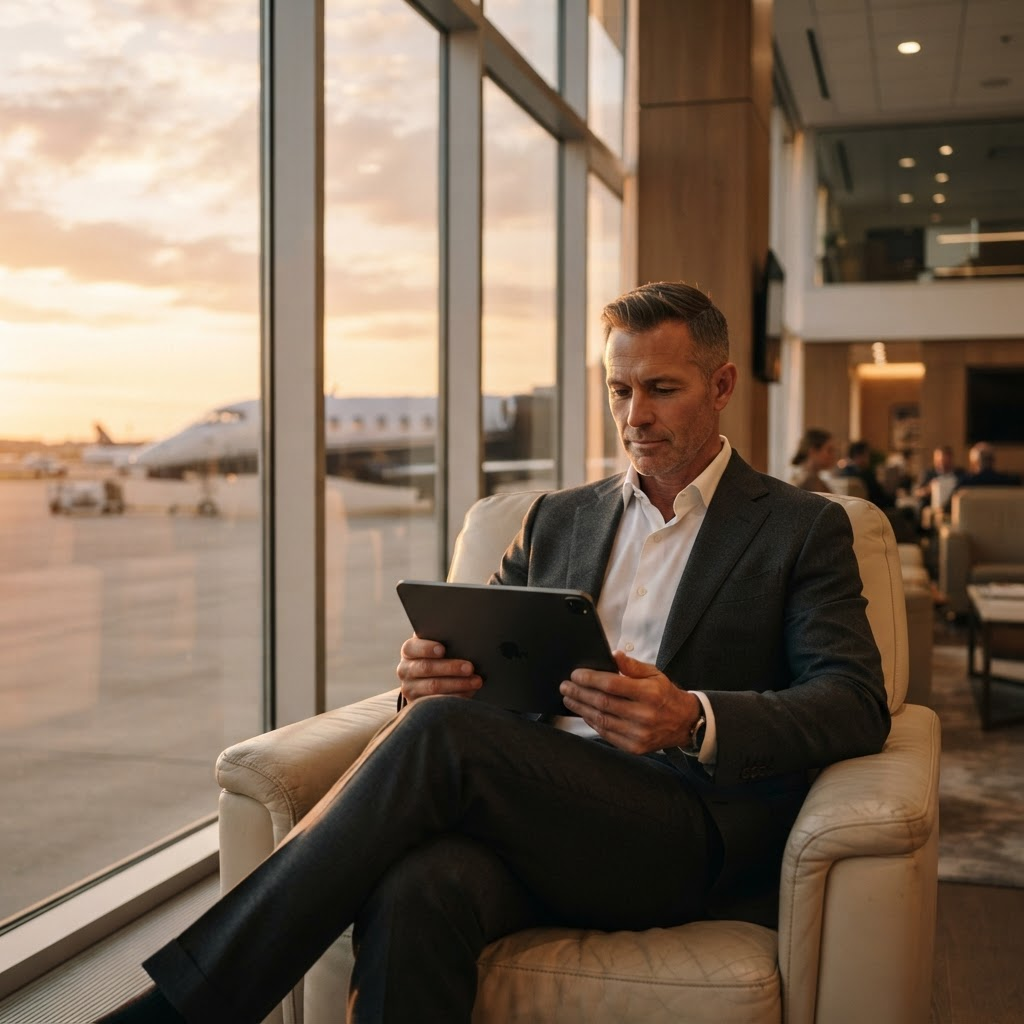 Ultra-high-net-worth executive reviewing Stillwater Media luxury brand advertising content on a tablet inside a private aviation terminal