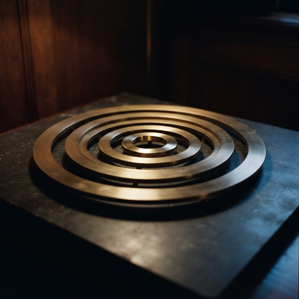 Stillwater Media guide illustration on wealth-based audience segmentation showing five nested brass rings of decreasing diameter arranged concentrically on dark marble