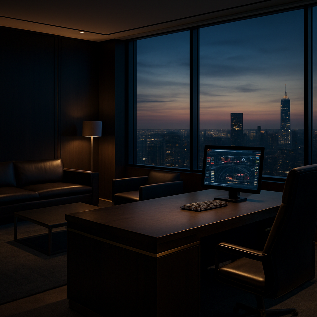 Modern private wealth management office with panoramic city skyline view