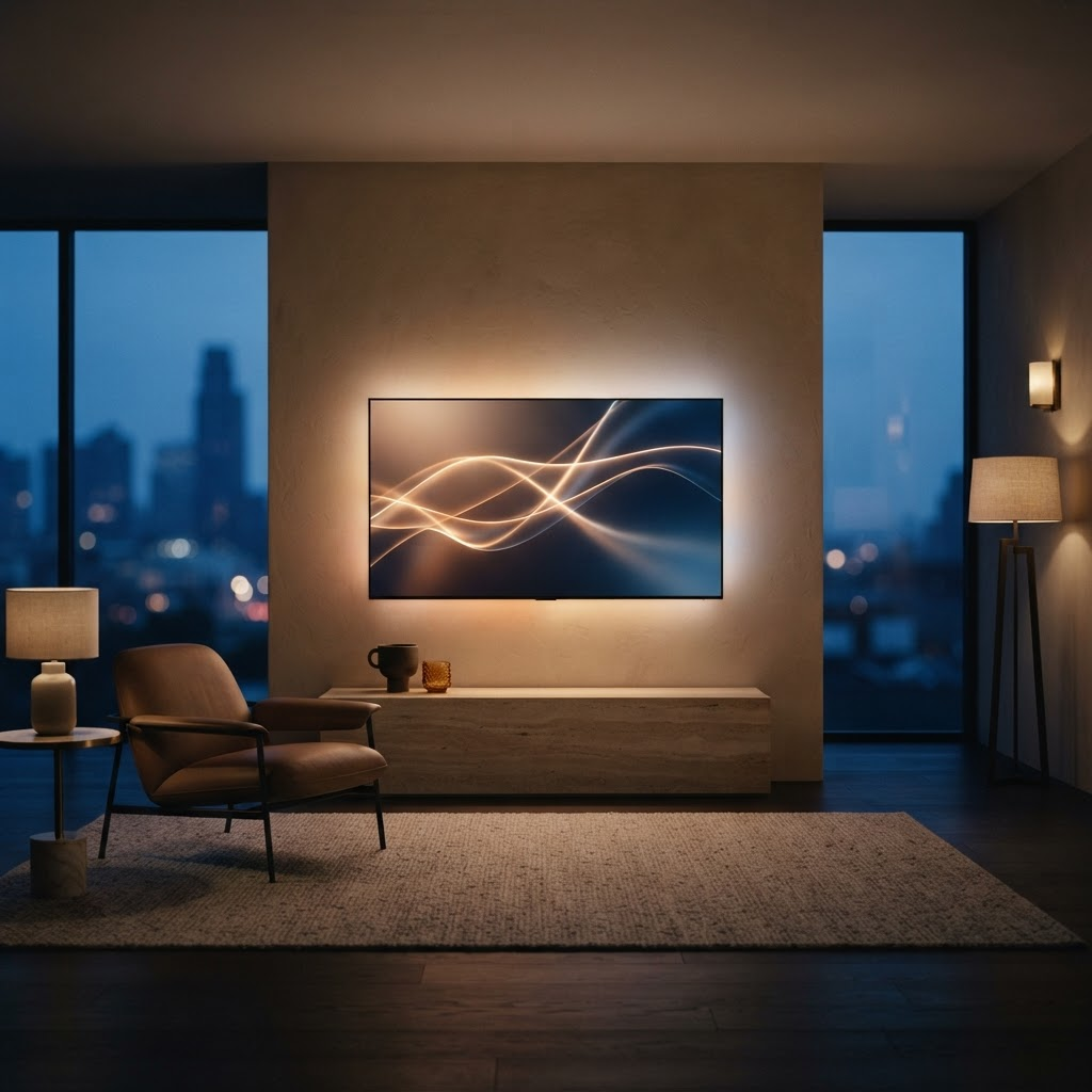 Stillwater Media guide illustration explaining what CTV advertising is and how it works showing a large premium connected television glowing softly in a refined living room at dusk representing connected TV advertising for affluent households