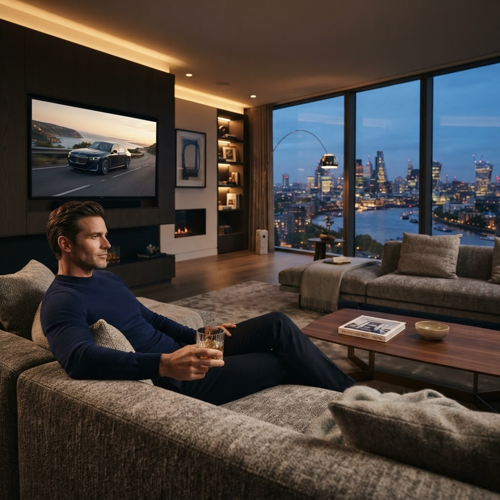 Stillwater Media YouTube Select advertising — affluent consumer watching premium video content in a luxury home environment representing high-value digital video reach